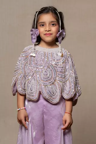 Lilac coloured crop top with heavy embroidered cape and pants