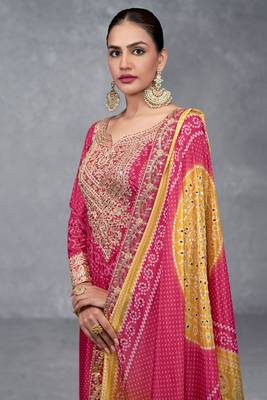 Pink embroidered mirror digital printed chinon palazzo straight Full Stitched Suit 2