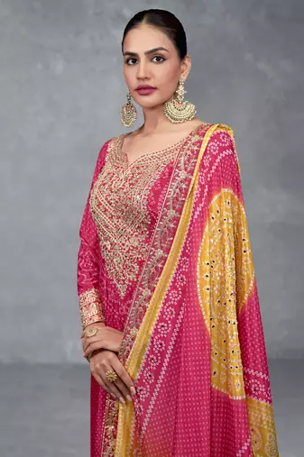 Pink embroidered mirror digital printed chinon palazzo straight Full Stitched Suit