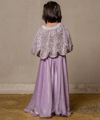 Lilac coloured crop top with heavy embroidered cape and pants 4