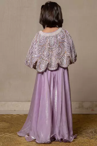 Lilac coloured crop top with heavy embroidered cape and pants