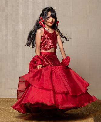 Elegant red sequin top with flared skirt and cape style dupatta 5