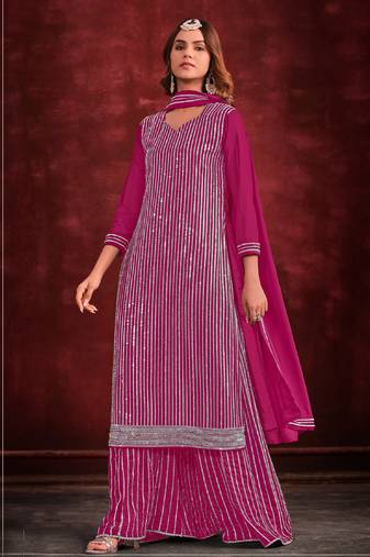 Pink embroidered georgette sharara straight Full Stitched Suit