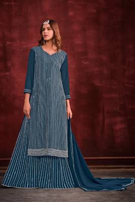 Teal blue embroidered georgette sharara straight Full Stitched Suit 1