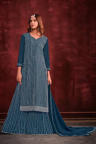 Teal blue embroidered georgette sharara straight Full Stitched Suit