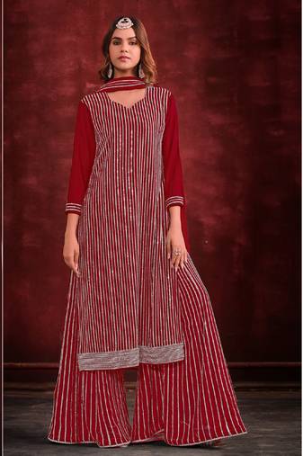 Red embroidered georgette sharara straight Full Stitched Suit