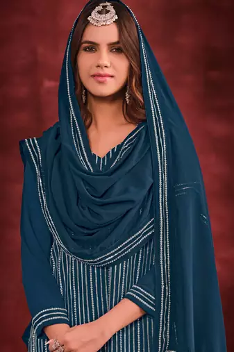 Teal blue embroidered georgette sharara straight Full Stitched Suit