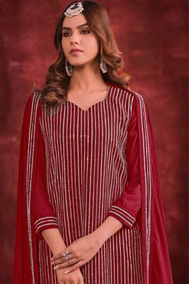 Red embroidered georgette sharara straight Full Stitched Suit 2