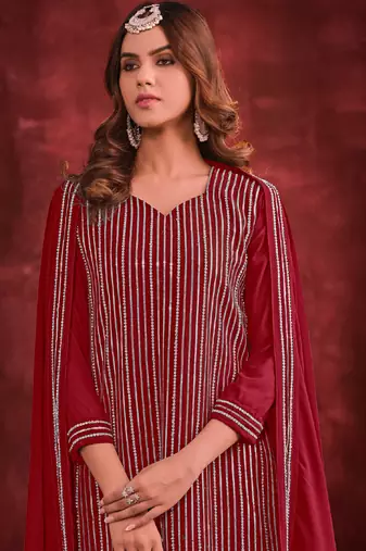 Red embroidered georgette sharara straight Full Stitched Suit