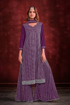 Purple embroidered georgette sharara straight Full Stitched Suit 1
