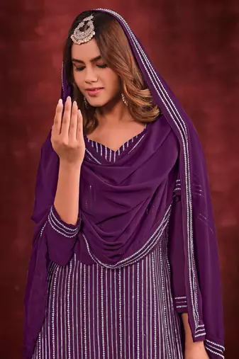 Purple embroidered georgette sharara straight Full Stitched Suit