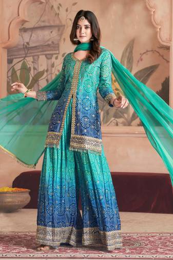 Turquoise&blue embroidered chinnon palazoo straight Full Stitched Suit