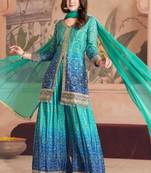 Turquoise&blue embroidered chinnon palazoo straight Full Stitched Suit