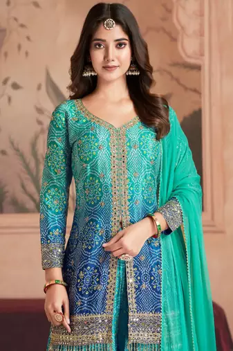 Turquoise&blue embroidered chinnon palazoo straight Full Stitched Suit