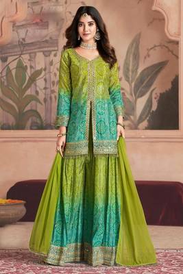 Green&blue embroidered chinnon palazoo straight Full Stitched Suit 1