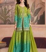 Green&blue embroidered chinnon palazoo straight Full Stitched Suit
