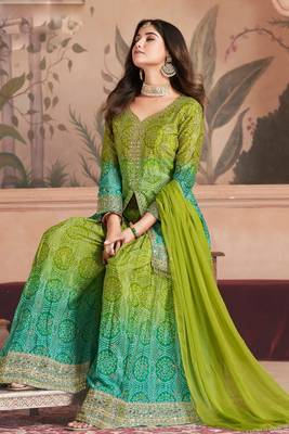 Green&blue embroidered chinnon palazoo straight Full Stitched Suit 2