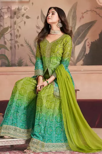 Green&blue embroidered chinnon palazoo straight Full Stitched Suit