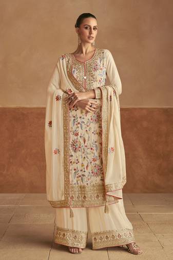 Beige embroidered chinnon palazoo straight Full Stitched Suit