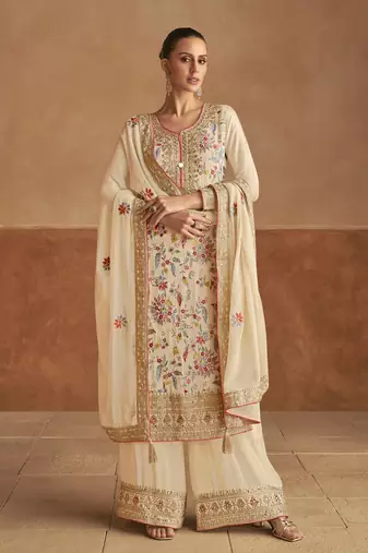 Beige embroidered chinnon palazoo straight Full Stitched Suit