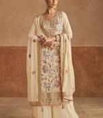 Beige embroidered chinnon palazoo straight Full Stitched Suit