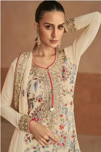Beige embroidered chinnon palazoo straight Full Stitched Suit