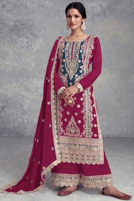 Pink embroidered chinnon palazoo straight Full Stitched Suit 1
