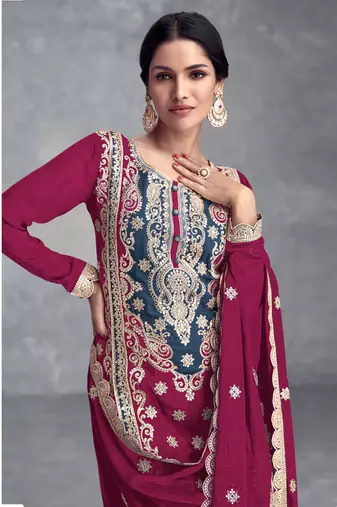 Pink embroidered chinnon palazoo straight Full Stitched Suit