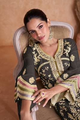 Black embroidered chinon free size stitched palazzo style salwar suit 1