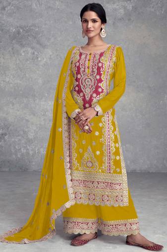 Mustard embroidered chinnon palazoo straight Full Stitched Suit