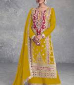 Mustard embroidered chinnon palazoo straight Full Stitched Suit
