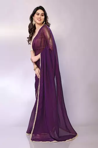 Purple embellished tissue  saree with blouse piece