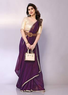 Purple embellished tissue  saree with blouse piece 3