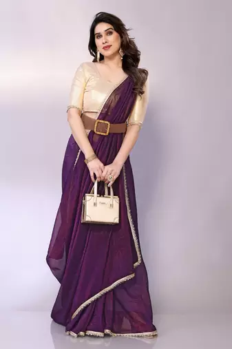 Purple embellished tissue  saree with blouse piece