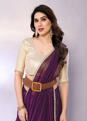 Purple embellished tissue  saree with blouse piece 4