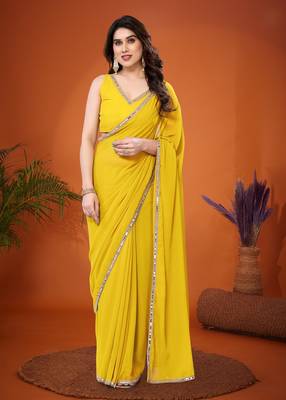 Yellow embellished pure georgette  saree with blouse piece 1