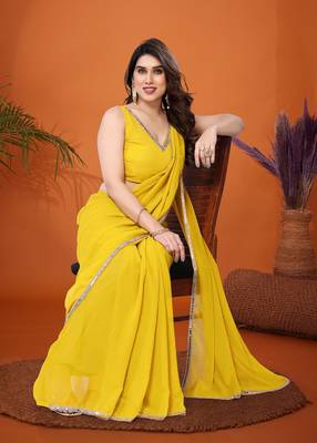 Yellow embellished pure georgette  saree with blouse piece 4