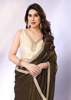 Olive embellished tissue  saree with blouse piece 4