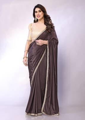 Brown embellished poly crepe  saree with blouse piece 2