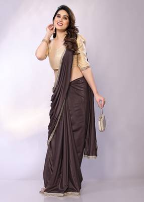 Brown embellished poly crepe  saree with blouse piece 4