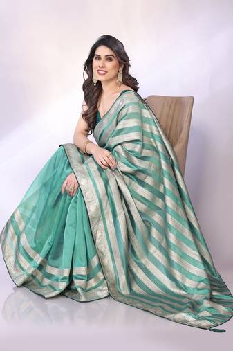 Blue embellished organza  saree with blouse piece