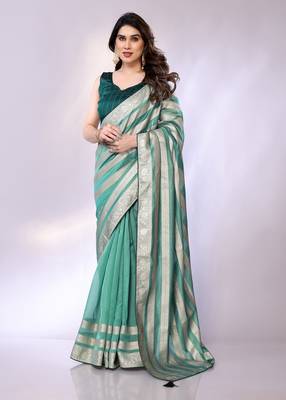 Blue embellished organza  saree with blouse piece 3