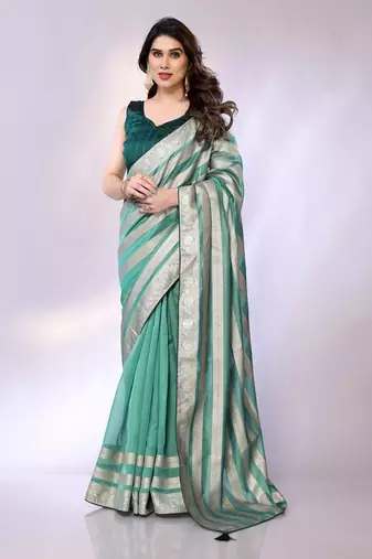 Blue embellished organza  saree with blouse piece