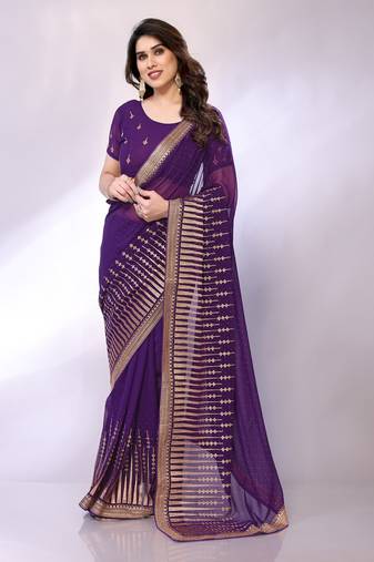 Purple embellished pure georgette  saree with blouse piece