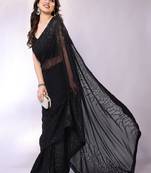 Black embellished pure georgette  saree with blouse piece