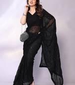 Black embellished pure georgette  saree with blouse piece