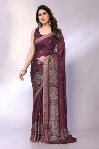 Mauve embellished poly chiffon  saree with blouse piece