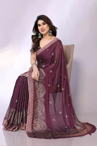 Mauve embellished poly chiffon  saree with blouse piece