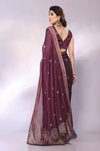 Mauve embellished poly chiffon  saree with blouse piece