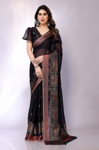 Black embellished poly chiffon  saree with blouse piece